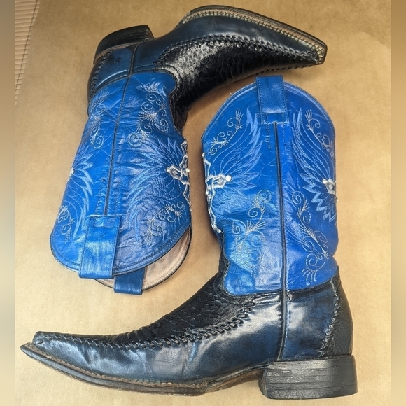 El General Boots women's Sz 7.5B Black Python vamp, blue pigskin shaft with rhin - Picture 8 of 14